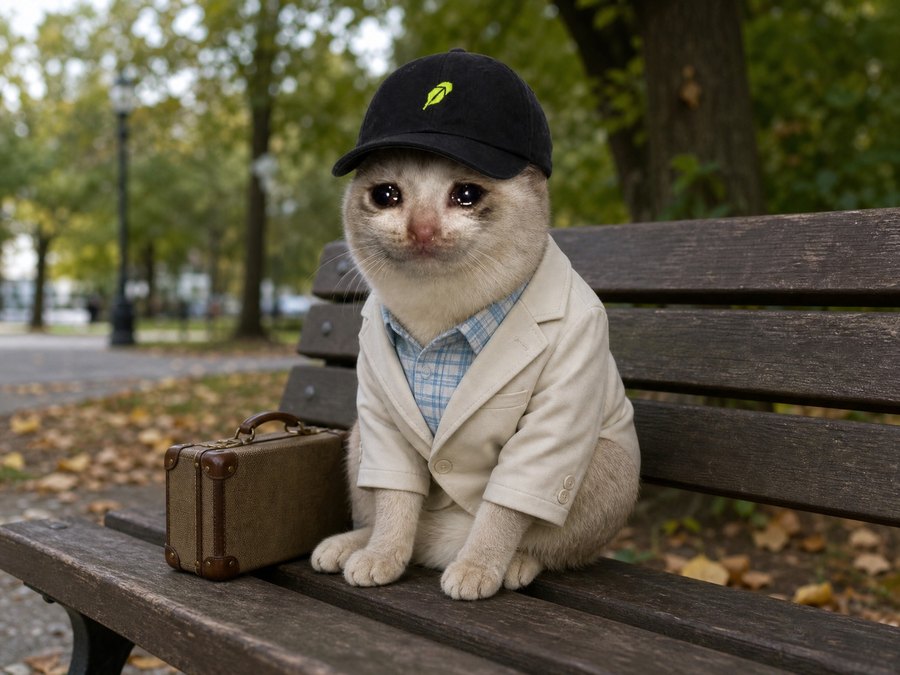 Cat wif cap waiting on a bench with a suitcase