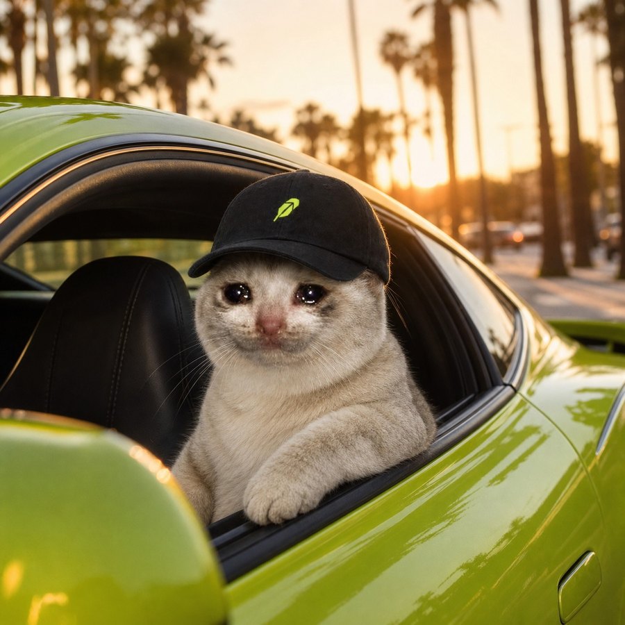 Cat in a lime sports car